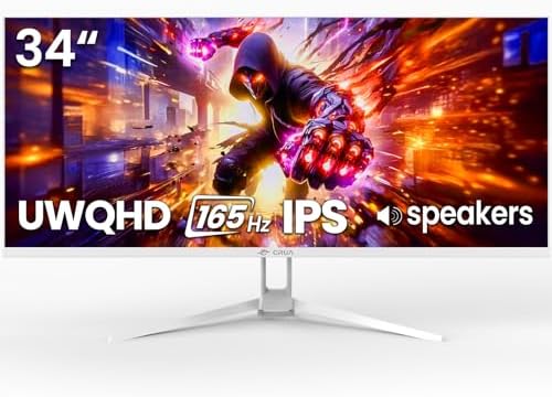 CRUA 34 White Gaming Monitor  165HZ/144HZ  WQHD 3440x1440P  IPS UltraWide Screen Computer Monitors with Built in Speakers  Supports FreeSync  120  sRGB  HDMI 2 0 & DP 1 4  Wall Mountable Installs