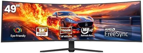 CRUA 49 Curved Gaming Monitor   DQHD 5120   1440   144Hz/165Hz  1500R  32 9  AMD FreeSync  120  sRGB  Height Adjustable Ultra Wide Screen Monitors  HDMI 2 1 & DP 1 4  Wall Mount Install  Black