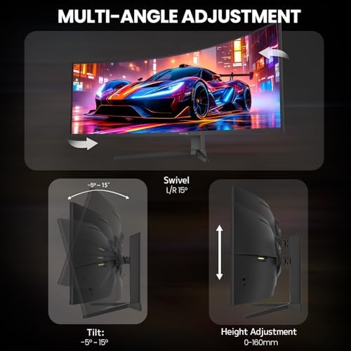 CRUA 49 Curved Gaming Monitor   DQHD 5120   1440   144Hz/165Hz  1500R  32 9  AMD FreeSync  120  sRGB  Height Adjustable Ultra Wide Screen Monitors  HDMI 2 1 & DP 1 4  Wall Mount Install  Black