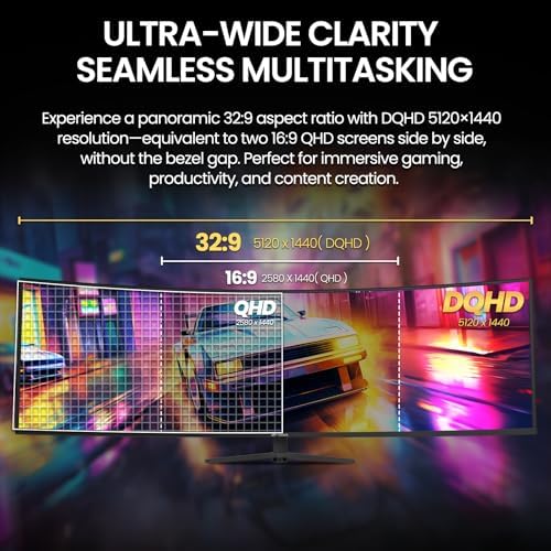 CRUA 49 Curved Gaming Monitor   DQHD 5120   1440   144Hz/165Hz  1500R  32 9  AMD FreeSync  120  sRGB  Height Adjustable Ultra Wide Screen Monitors  HDMI 2 1 & DP 1 4  Wall Mount Install  Black