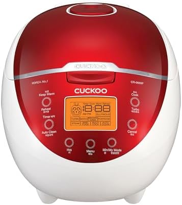 CUCKOO Micom Rice Cooker 6 Cup Uncooked / 12 Cup Cooked  Fuzzy Logic Rice Maker with Delay Timer & Keep Warm Setting  Versatile Food Steamer for Cooking  Non Stick Inner Pot  Red  CR 0655F 