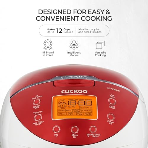 CUCKOO Micom Rice Cooker 6 Cup Uncooked / 12 Cup Cooked  Fuzzy Logic Rice Maker with Delay Timer & Keep Warm Setting  Versatile Food Steamer for Cooking  Non Stick Inner Pot  Red  CR 0655F 
