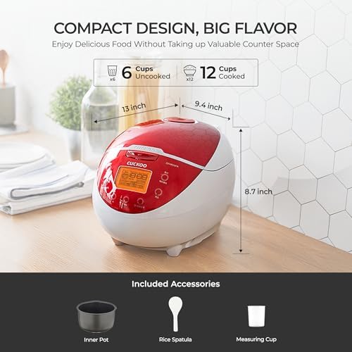 CUCKOO Micom Rice Cooker 6 Cup Uncooked / 12 Cup Cooked  Fuzzy Logic Rice Maker with Delay Timer & Keep Warm Setting  Versatile Food Steamer for Cooking  Non Stick Inner Pot  Red  CR 0655F 