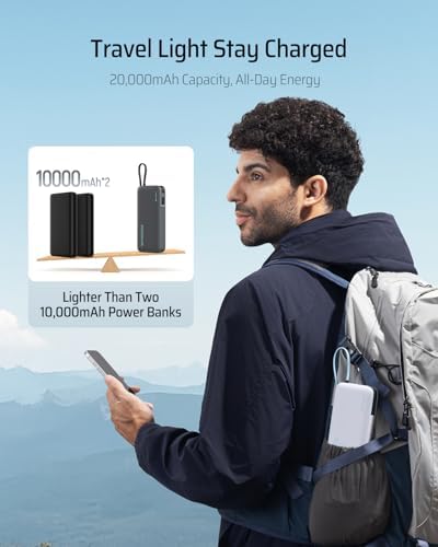 CUKTECH 45W Power Bank 20000mAh  Portable Travel Charger Built in USB C Cable  Fast Charging Battery Pack for iPhone 16/15/14/13  iPad  Samsung Galaxy  Google Pixel  Android and More  Gray