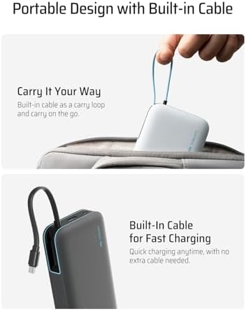 CUKTECH 45W Power Bank 20000mAh  Portable Travel Charger Built in USB C Cable  Fast Charging Battery Pack for iPhone 16/15/14/13  iPad  Samsung Galaxy  Google Pixel  Android and More  Gray