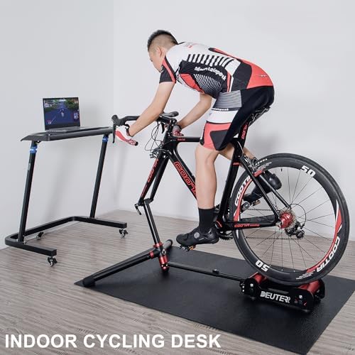 CXWXC Indoor Cycling Desk - Adjustable Height Bike Deak Laptop Stand Non-Slip Surface - Portable Bike Trainer Fitness Desk with Lockable Wheels