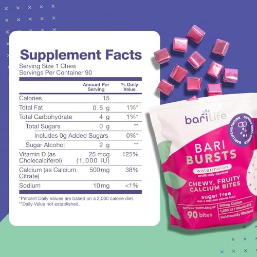Calcium Citrate Bariatric Calcium Chews with 1000 IU Vitamin D3   Ideal for Bariatric Patients   BariBurst by Bari Life  Watermelon 