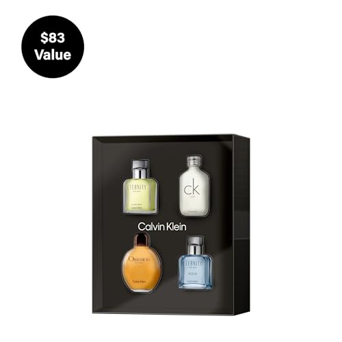 Calvin Klein Mens Multiline Travel Size Eau de Toilette Holiday Giftset 4 pc Set   Includes 0 5 fl oz each of Eternity  Eternity Aqua  Obsession  and CK One   Discovery Size Fragrance for Men