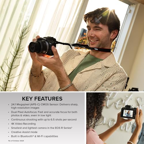 Canon EOS R100 Mirrorless Camera RF S18 45mm F4 5 6 3 is STM Lens Kit 24 1 Megapixel CMOS APS C Sensor 4K Video RF Mount Black