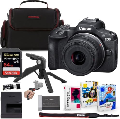 Canon EOS R100 Mirrorless Camera with 18 45mm Lens Bundle   64GB Extreme Memory Card Accessory Kit with Bag  Hand Grip Tripod & Software Package