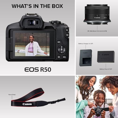 Canon EOS R50 Mirrorless Camera RF S18 45mm F4 5 6 3 is STM Lens Kit  24 2 Megapixel CMOS  APS C  Sensor  4K Video  Vlogging  Content Creation  Photography  Digital Camera  Black