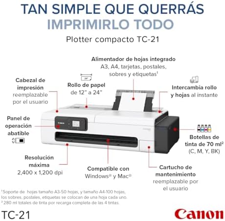 Canon imagePROGRAF TC-21 24" - Impresora de gran formato, Impresora para pósteres y plotters, Alimentador automático de papel en rollo y hoja cortada, Incluye 280 ml de tinta, Blanco
