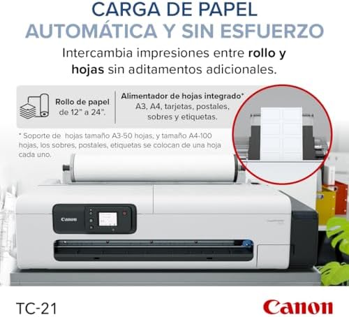 Canon imagePROGRAF TC-21 24" - Impresora de gran formato, Impresora para pósteres y plotters, Alimentador automático de papel en rollo y hoja cortada, Incluye 280 ml de tinta, Blanco