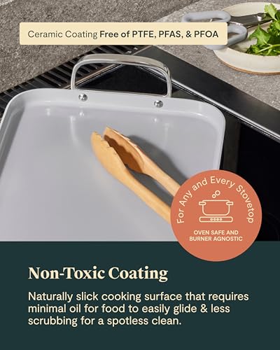 Caraway Plancha de doble quemador, sartén de 19 x 12 pulgadas, revestimiento de cerámica antiadherente, no tóxico, sin PTFE ni PFOA, apto para horno y compatible con todas las estufas, color gris