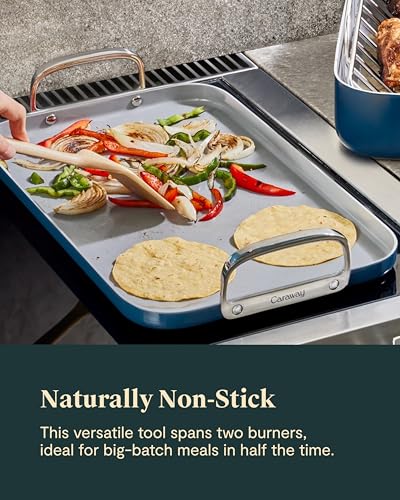Caraway Plancha de doble quemador, sartén de 19 x 12 pulgadas, revestimiento de cerámica antiadherente, no tóxico, sin PTFE ni PFOA, apto para horno y compatible con todas las estufas, color gris