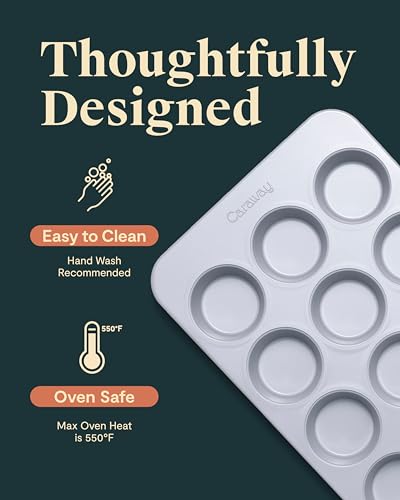 Caraway Molde de cerámica antiadherente para magdalenas de 12 tazas, revestimiento de cerámica naturalmente resbaladizo, no tóxico, libre de PTFE ni PFOA, perfecto para cupcakes, magdalenas y más,