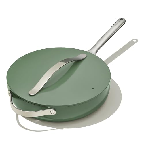 Caraway Sartén antiadherente de cerámica con tapa (4.5 cuartos de galón, 11.8 pulgadas), no tóxico, sin PTFE ni PFOA, apto para horno y compatible con todas las estufas (gas, eléctricas y de