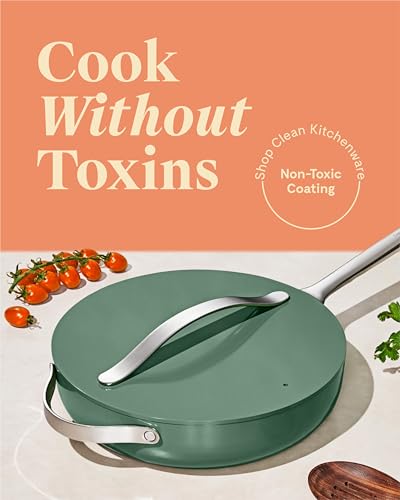 Caraway Sartén antiadherente de cerámica con tapa (4.5 cuartos de galón, 11.8 pulgadas), no tóxico, sin PTFE ni PFOA, apto para horno y compatible con todas las estufas (gas, eléctricas y de