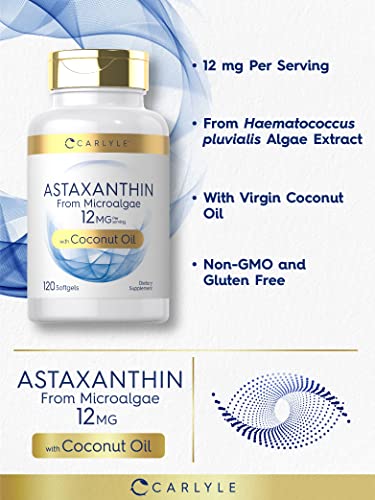 Carlyle Astaxanthin 12mg 120 Softgels Supplement from Microalgae with Coconut Oil Non GMO & Gluten Free