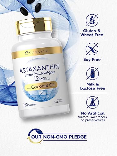 Carlyle Astaxanthin 12mg 120 Softgels Supplement from Microalgae with Coconut Oil Non GMO & Gluten Free
