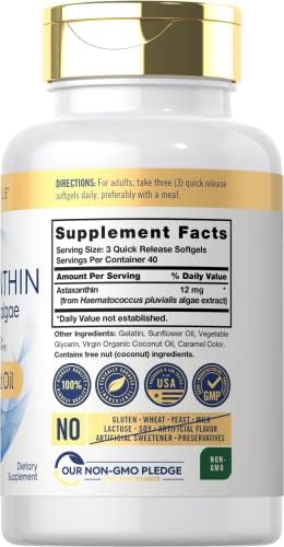 Carlyle Astaxanthin 12mg   120 Softgels   Supplement from Microalgae   with Coconut Oil   Non GMO & Gluten Free