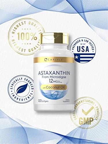 Carlyle Astaxanthin 12mg   120 Softgels   Supplement from Microalgae   with Coconut Oil   Non GMO & Gluten Free