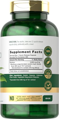 Carlyle Bamboo Extract Capsules   3000mg   300 Count   210mg Silica   Non GMO  Gluten Free Supplement