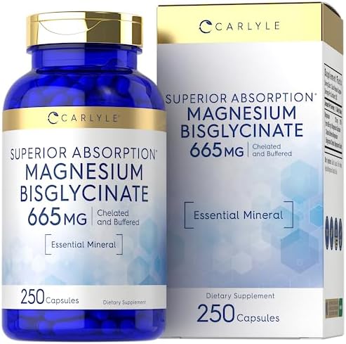 Carlyle Buffered Magnesium Bisglycinate 665 mg   250 Capsules   Chelated Essential Mineral   Non GMO and Gluten Free Supplement