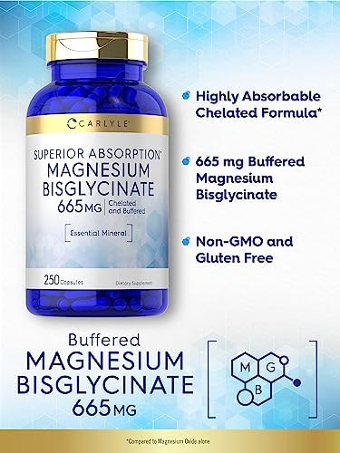 Carlyle Buffered Magnesium Bisglycinate 665 mg   250 Capsules   Chelated Essential Mineral   Non GMO and Gluten Free Supplement