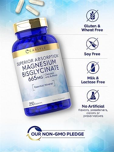 Carlyle Buffered Magnesium Bisglycinate 665 mg   250 Capsules   Chelated Essential Mineral   Non GMO and Gluten Free Supplement