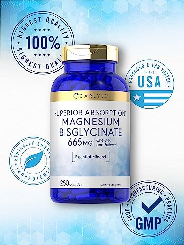Carlyle Buffered Magnesium Bisglycinate 665 mg   250 Capsules   Chelated Essential Mineral   Non GMO and Gluten Free Supplement