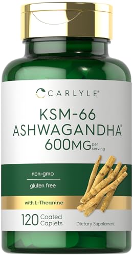 Carlyle KSM 66 Ashwagandha 600mg   120 Caplets   Extract Supplement with L Theanine   Vegan  Non GMO  Gluten Free