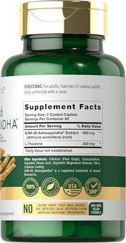 Carlyle KSM 66 Ashwagandha 600mg   120 Caplets   Extract Supplement with L Theanine   Vegan  Non GMO  Gluten Free