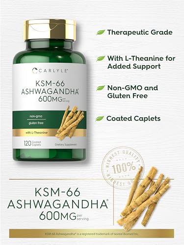 Carlyle KSM 66 Ashwagandha 600mg   120 Caplets   Extract Supplement with L Theanine   Vegan  Non GMO  Gluten Free