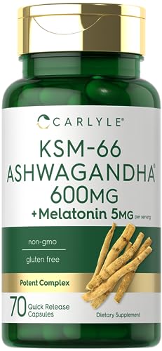 Carlyle KSM 66 Ashwagandha Capsules 600mg   70 Count   with Melatonin 5mg   Potent Complex   Non GMO  Gluten Free
