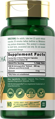 Carlyle KSM 66 Ashwagandha Capsules 600mg   70 Count   with Melatonin 5mg   Potent Complex   Non GMO  Gluten Free