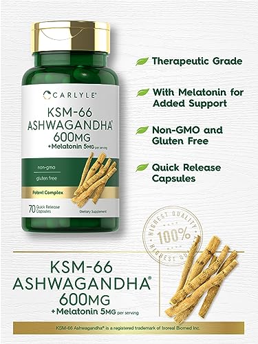 Carlyle KSM 66 Ashwagandha Capsules 600mg 70 Count with Melatonin 5mg Potent Complex Non GMO Gluten Free