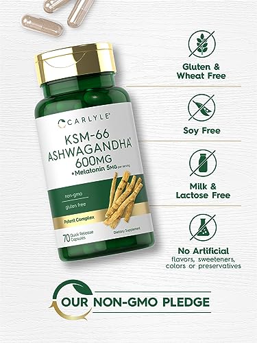 Carlyle KSM 66 Ashwagandha Capsules 600mg 70 Count with Melatonin 5mg Potent Complex Non GMO Gluten Free