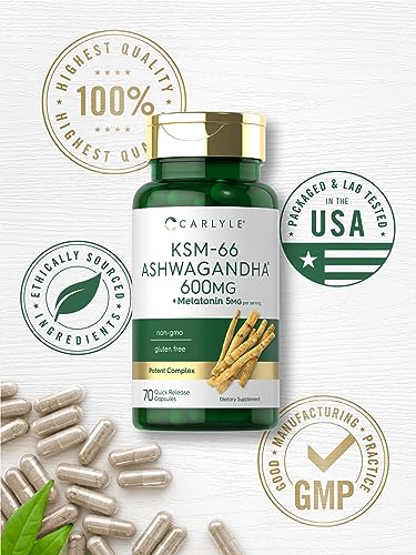 Carlyle KSM 66 Ashwagandha Capsules 600mg 70 Count with Melatonin 5mg Potent Complex Non GMO Gluten Free