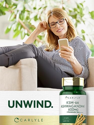 Carlyle KSM 66 Ashwagandha Capsules 600mg 70 Count with Melatonin 5mg Potent Complex Non GMO Gluten Free