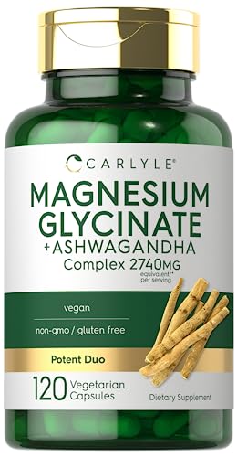 Carlyle Magnesium Glycinate with Ashwagandha   2 740mg Complex   120 Vegetarian Capsules   Potent Duo   Non GMO and Gluten Free Supplement