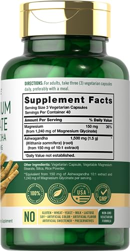 Carlyle Magnesium Glycinate with Ashwagandha   2 740mg Complex   120 Vegetarian Capsules   Potent Duo   Non GMO and Gluten Free Supplement