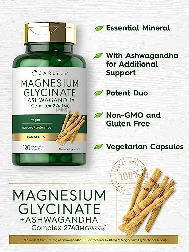 Carlyle Magnesium Glycinate with Ashwagandha   2 740mg Complex   120 Vegetarian Capsules   Potent Duo   Non GMO and Gluten Free Supplement