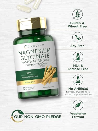 Carlyle Magnesium Glycinate with Ashwagandha   2 740mg Complex   120 Vegetarian Capsules   Potent Duo   Non GMO and Gluten Free Supplement