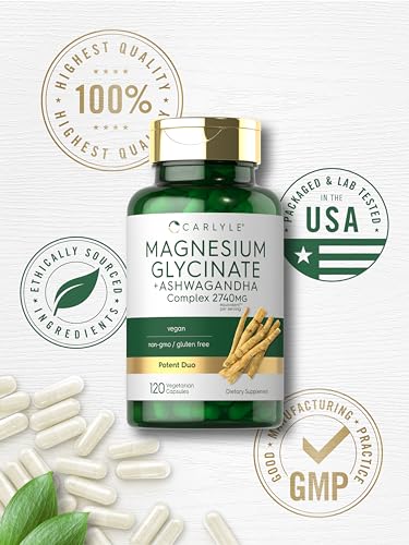 Carlyle Magnesium Glycinate with Ashwagandha   2 740mg Complex   120 Vegetarian Capsules   Potent Duo   Non GMO and Gluten Free Supplement
