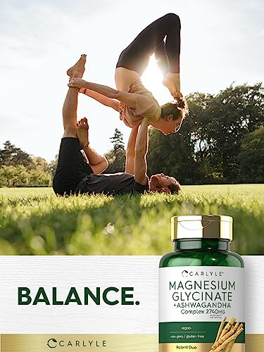 Carlyle Magnesium Glycinate with Ashwagandha   2 740mg Complex   120 Vegetarian Capsules   Potent Duo   Non GMO and Gluten Free Supplement