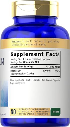 Carlyle Magnesium Oxide 500mg   120 Capsules   Premium Quality   Non GMO and Gluten Free Supplement