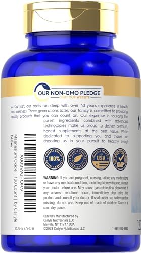 Carlyle Magnesium Oxide 500mg   120 Capsules   Premium Quality   Non GMO and Gluten Free Supplement