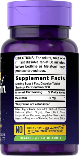 Carlyle Melatonin 5 mg Fast Dissolve 300 Tablets   Berry Flavor   Vegetarian  Non GMO Supplement