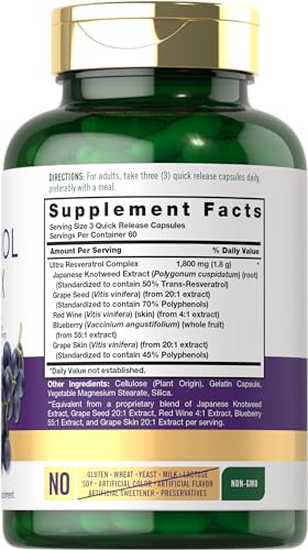 Carlyle Resveratrol Supplement 1800mg   180 Capsules   Non GMO & Gluten Free   Potent Complex